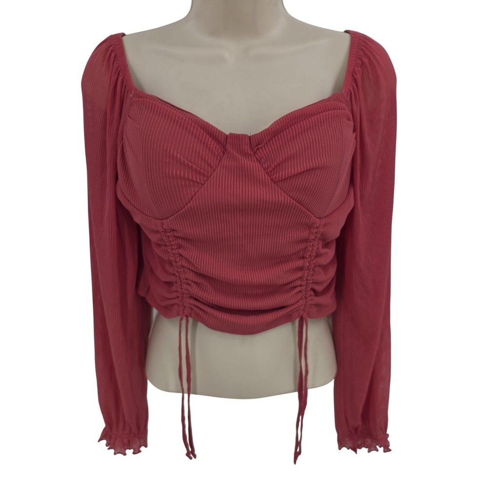 Madden NYC Top Women L Pink Ruched Sweetheart Bra Cup Crop Long Sleeve Boho
